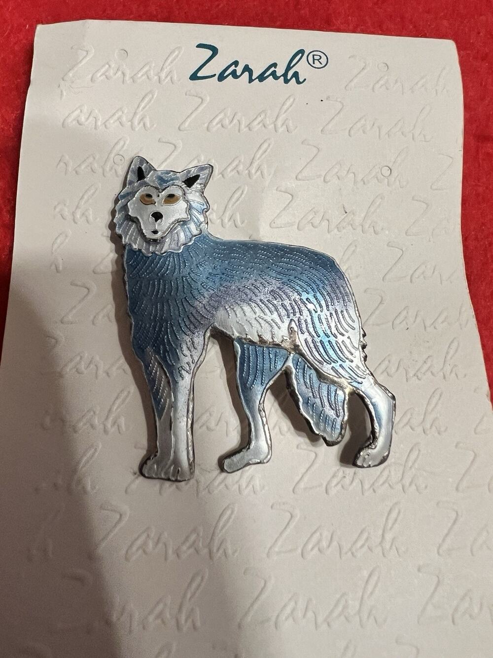 Vintage Zarah Artisan Blue Wolf Sterling Silver 925 Enamel Brooch Pin